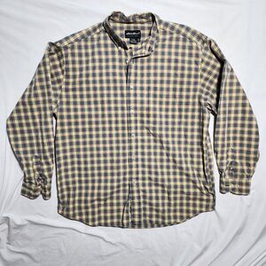 Large Eddie Bauer Mens Large Long Sleeve Shirt Plaid 100% Cotton Tan Blue